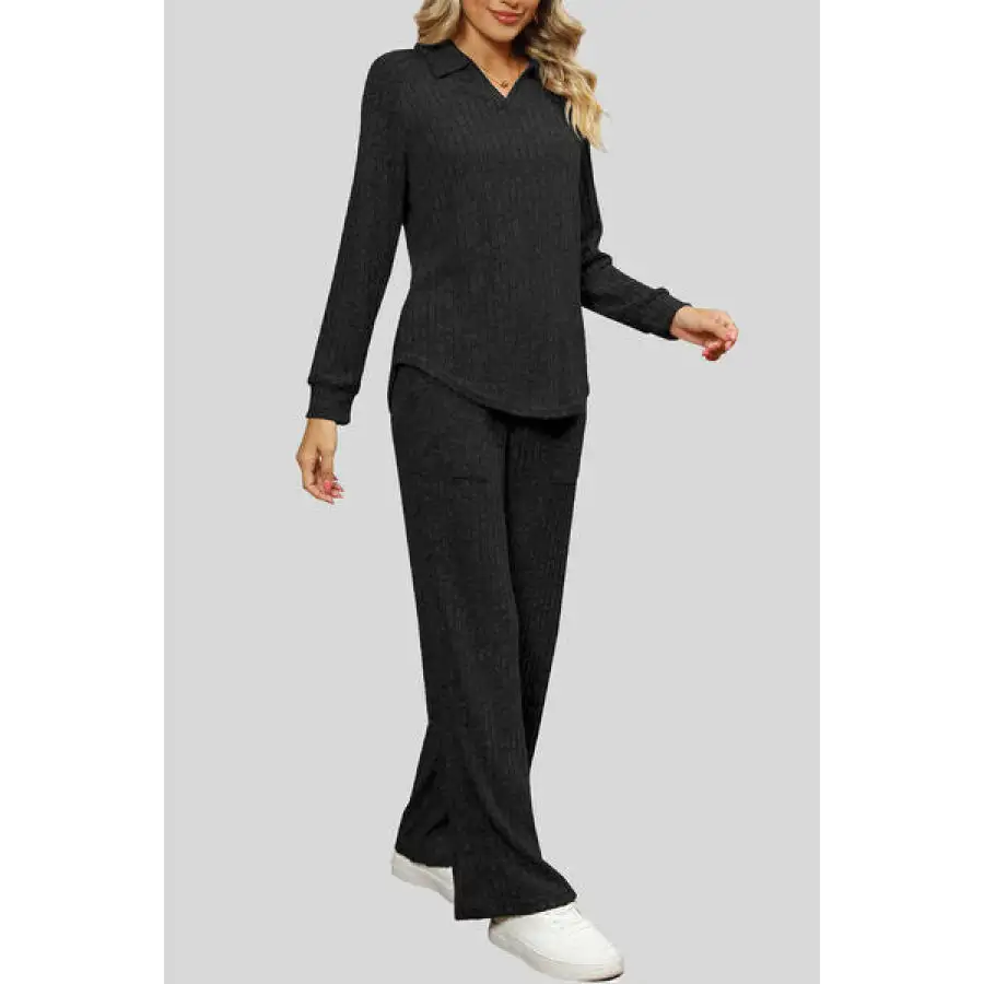 Ribbed Long Sleeve Top and Pocketed Pants Set