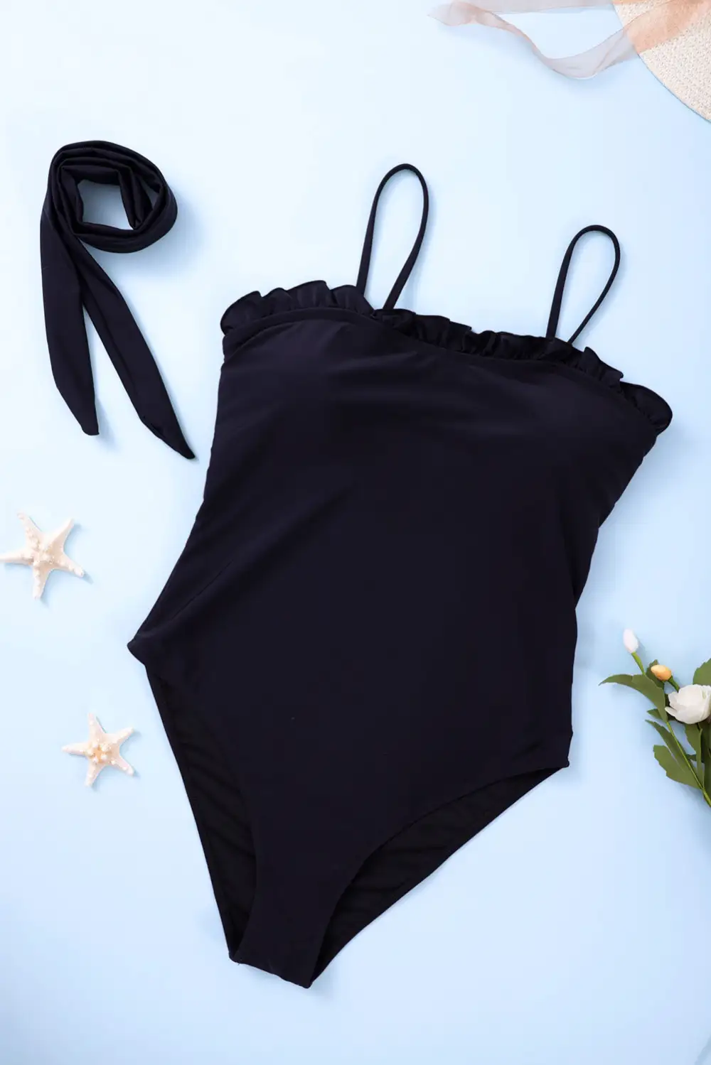 Frill Neck Waist Sash Spaghetti Straps One-piece Swimwear
