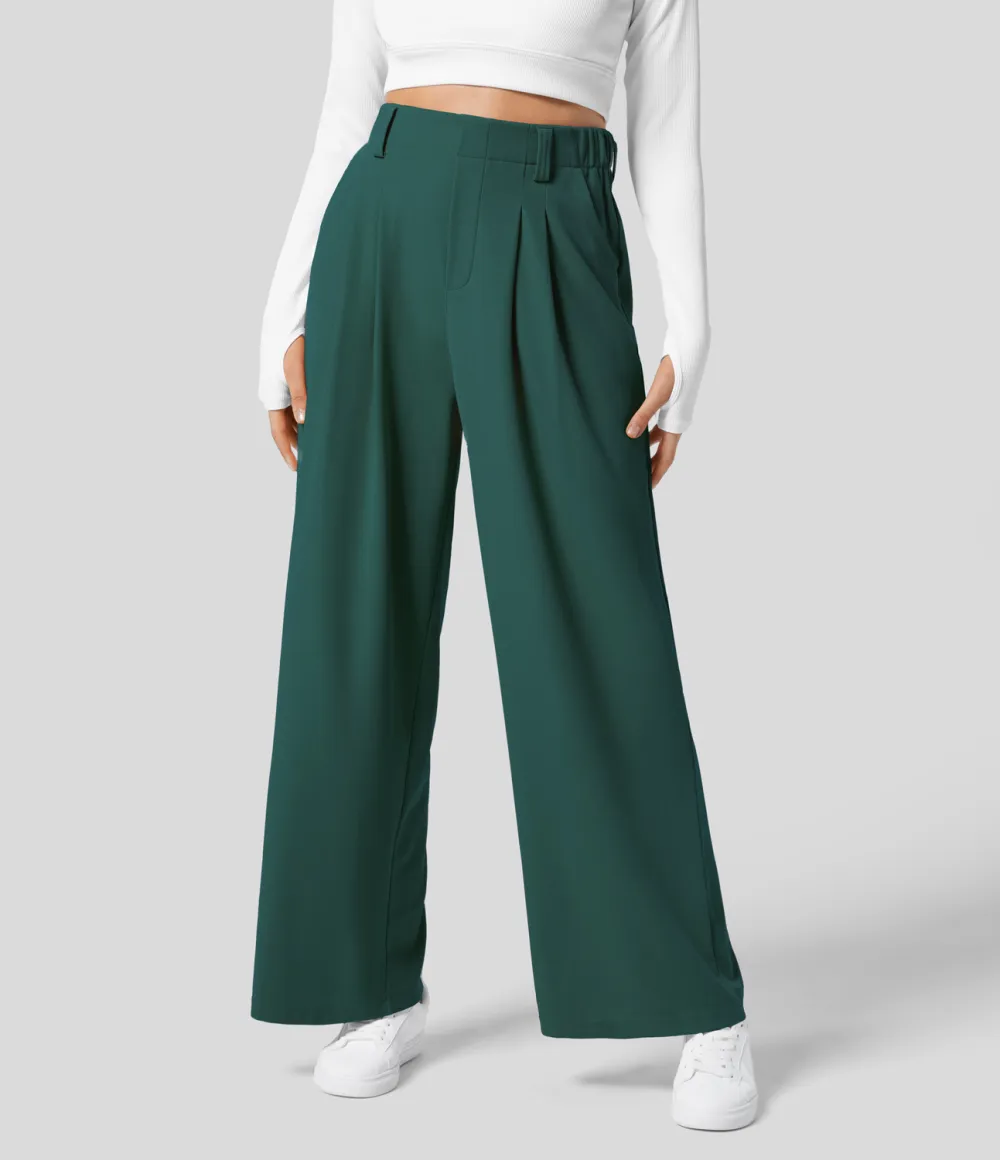 2026🔥  High Waisted Plicated Side Pocket Wide Leg Waffle Work Pants