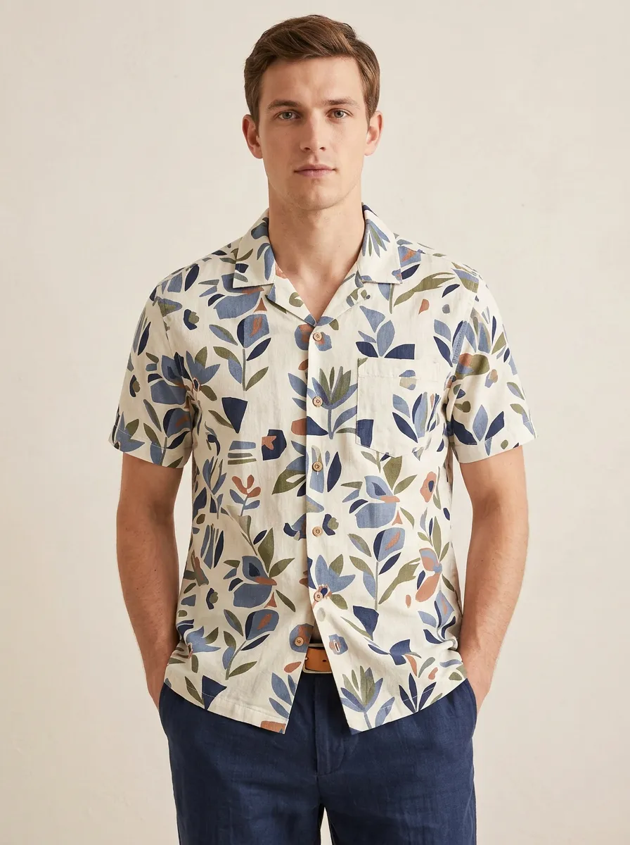 Men's Casual Floral Abstract Printed Short Sleeve Shirt
