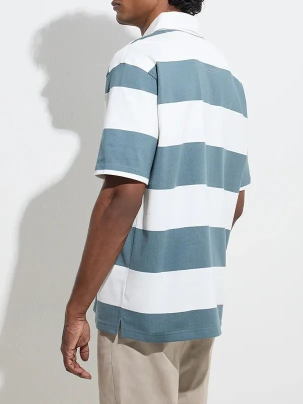 Teal Loose Cotton-Blend Polo T-Shirt