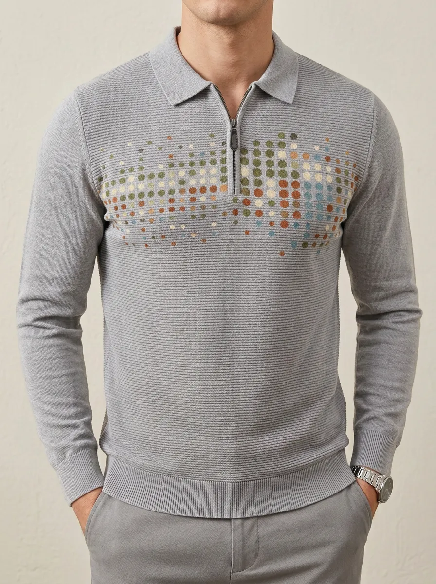 Men's Abstract Polka Dot Pattern Printed Long Sleeve Polo Shirt