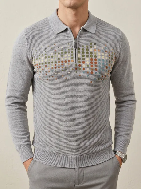Men's Abstract Polka Dot Pattern Printed Long Sleeve Polo Shirt