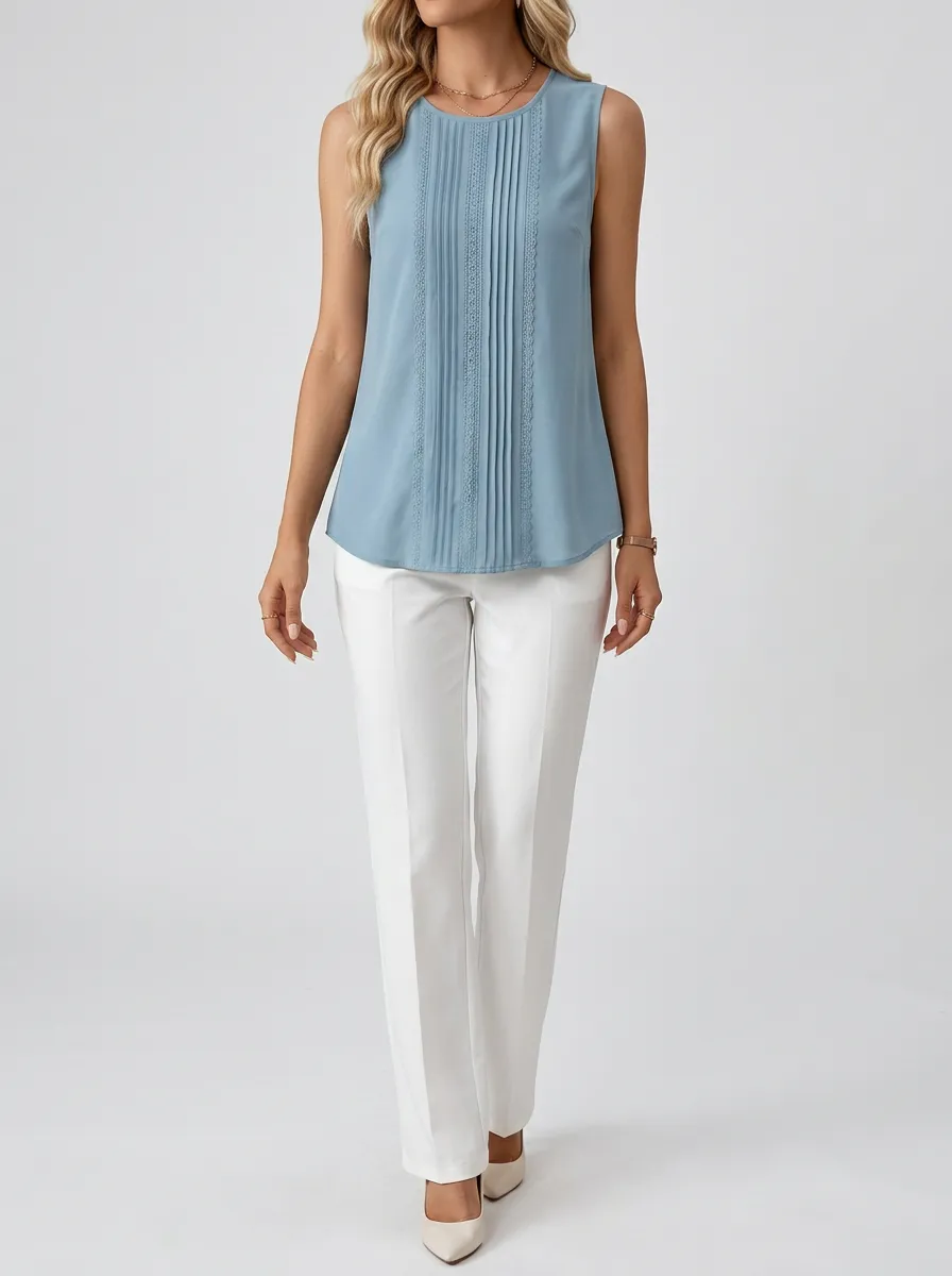 Pleated Lace Trim Sleeveless Blouse