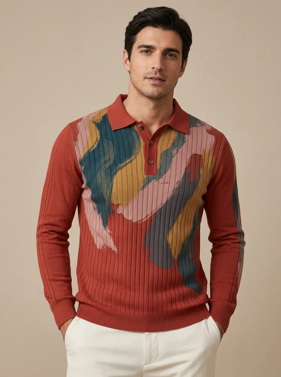 Men's Abstract Brushstroke Pattern Printed Long Sleeve Polo Shirt Everyday Design