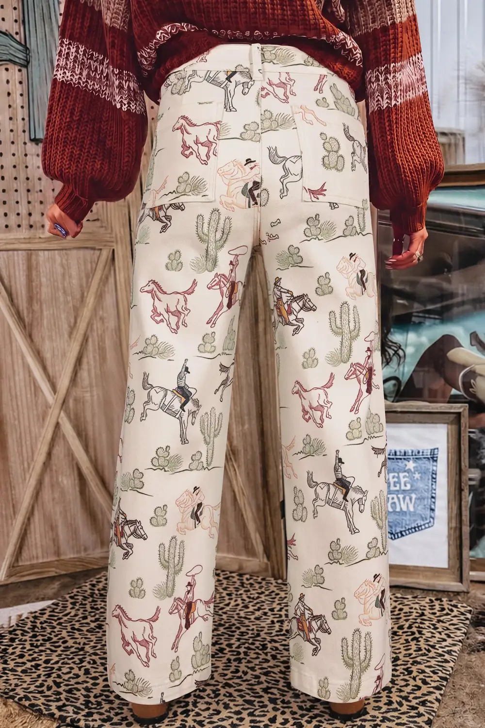 Women's Western Print Straight Leg Ankle Length Pocket Jeans