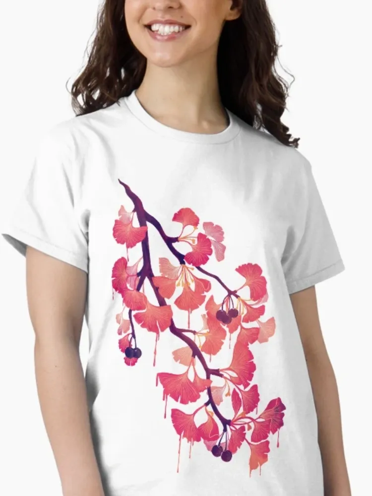 Women's Artistic Ginkgo Leaf Watercolor Print Short-Sleeve Crew Neck T-Shirt