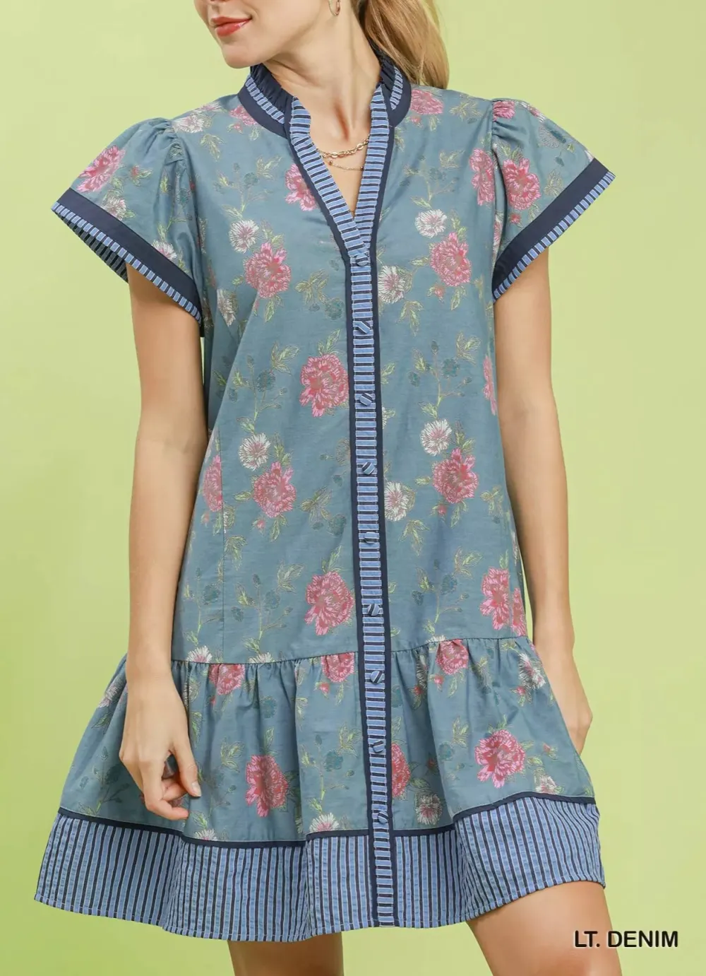 Floral Print V-Neck Flutter Sleeve Ruffle Hem Mini Dress