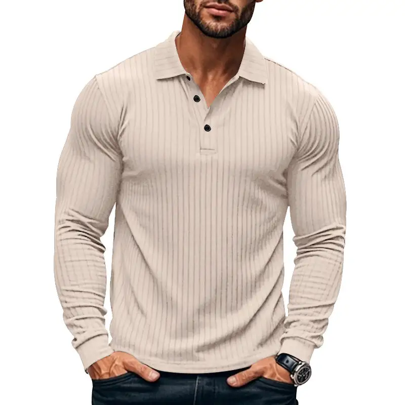 Ribbed Button Placket Spread Collar Polo Shirt