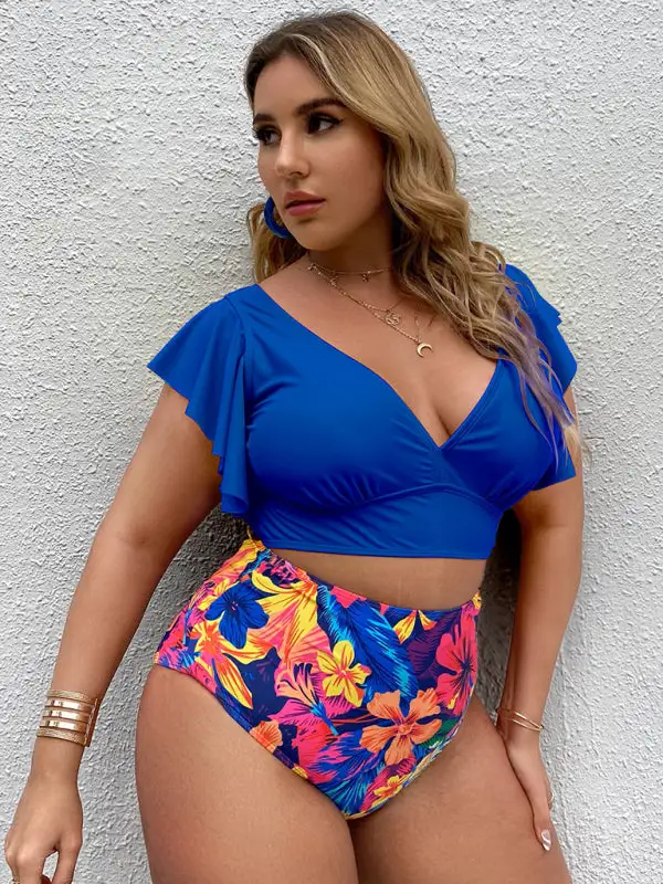 Plus Size Falbala V Neck Bikini Swim Set