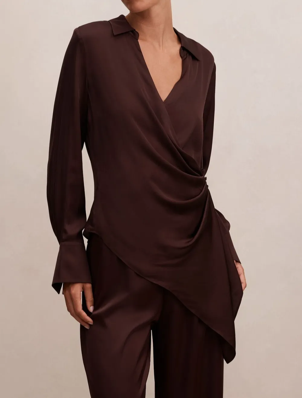 Burgundy Asymmetric Wrap-Front Drape Shirt