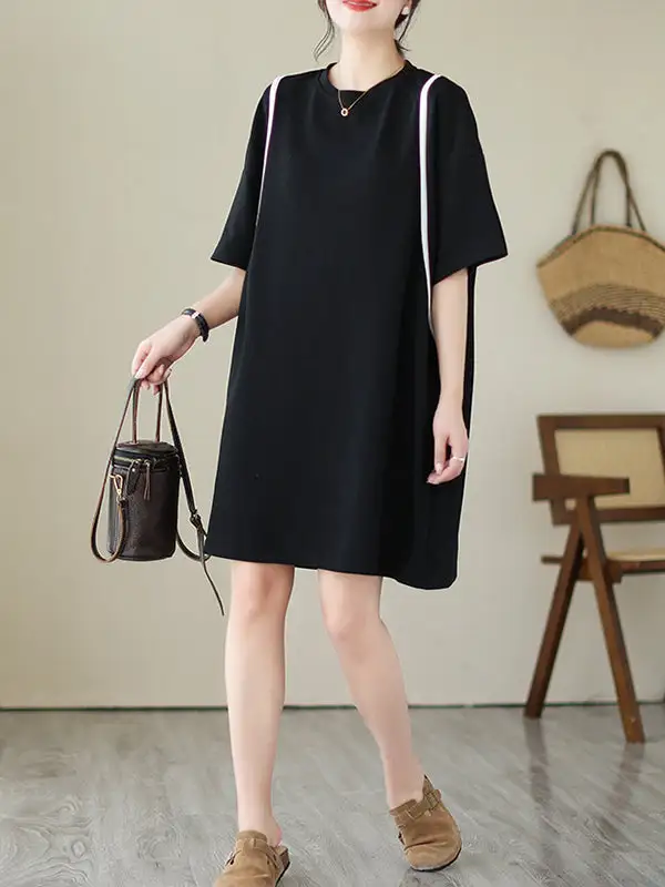 Relaxed Short Sleeve Split Joint Round Neck Mini Dress
