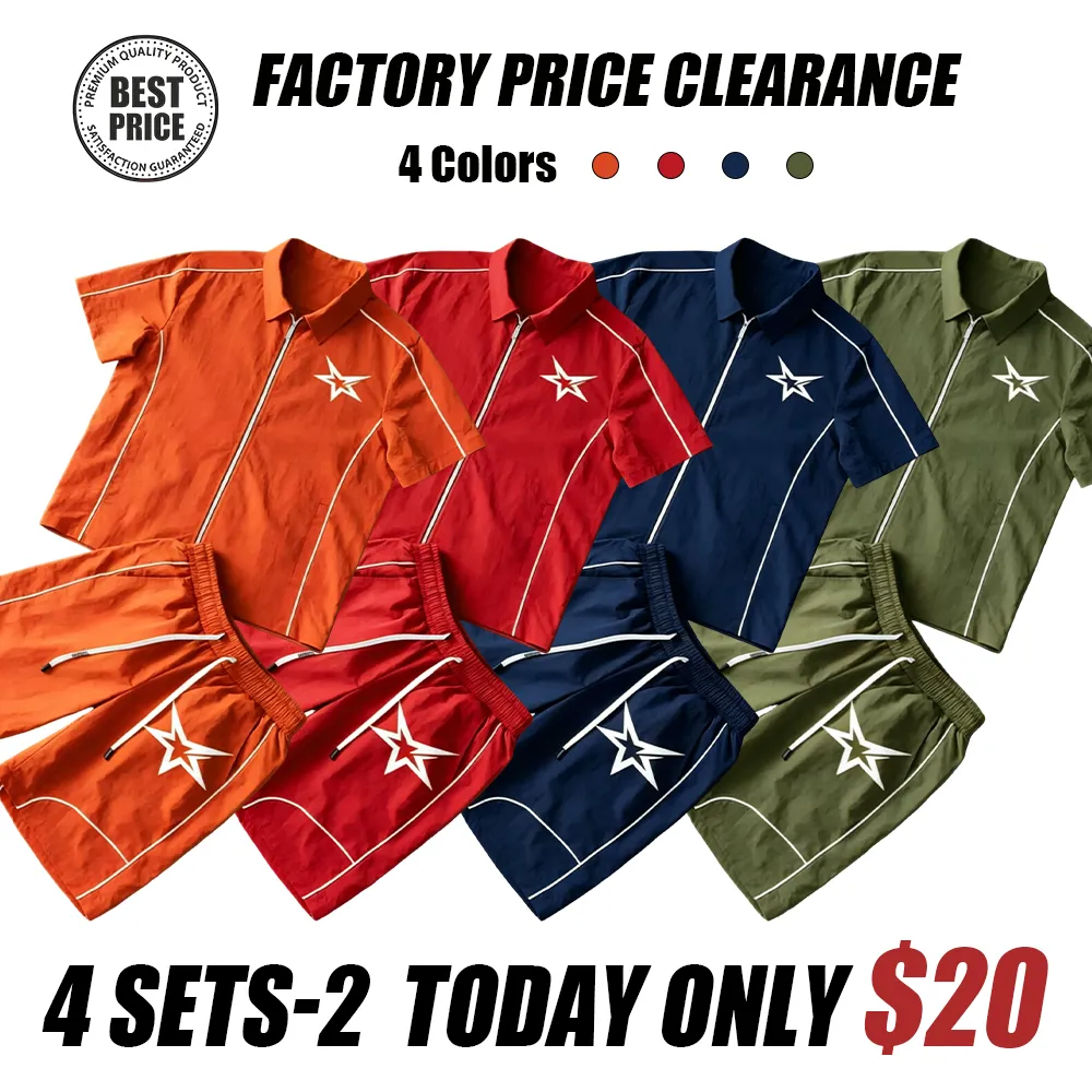 Stars Pattern Casual Set Short Sleeve Zipper Shirt + Gym Shorts Two-Piece Set, Breathable Comfort Spring Summer Daily Wear