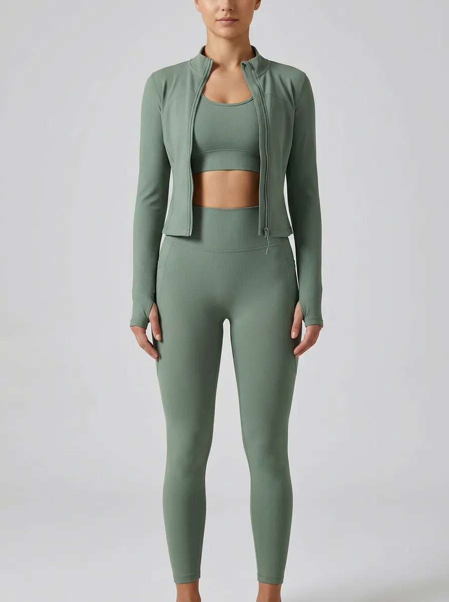 Streetwear Ribbed Texture Seamless Design Edit Women's Three Piece Activewear Set