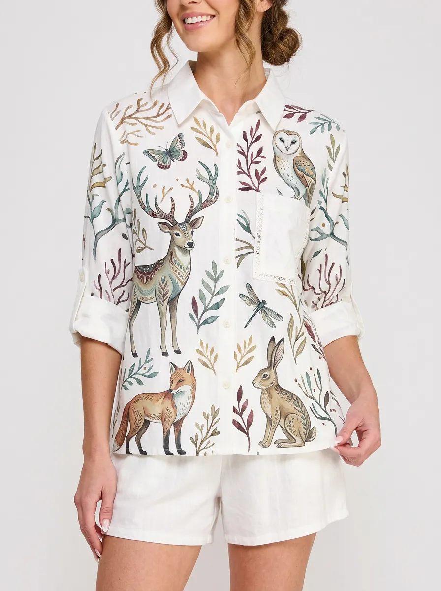 Women's Woodland Animal Deer Fox Owl Graphic Button-up Shirt Tank Top