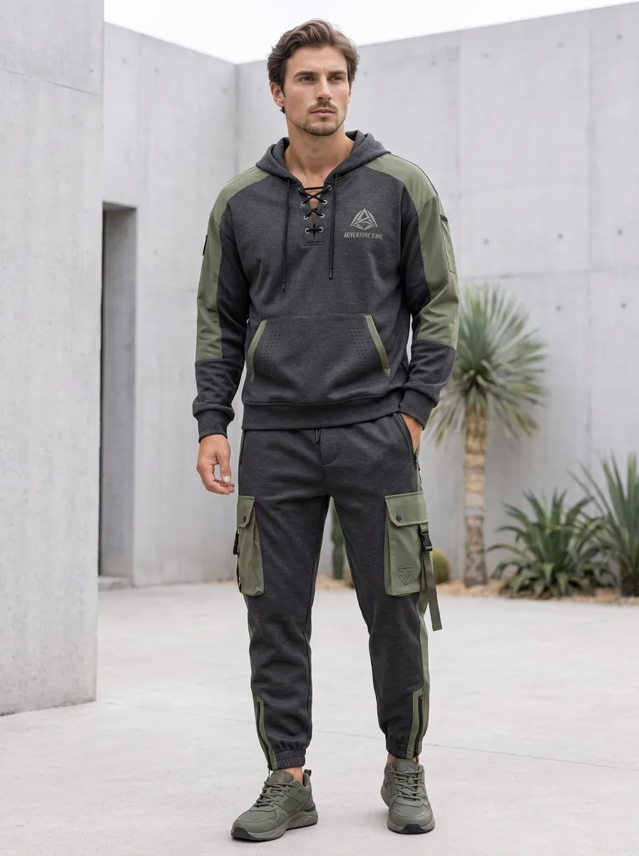 Trail-Inspired Lace-Up Graphic Print Profile Men's Lace Up Hoodie And Cargo Jogger Set