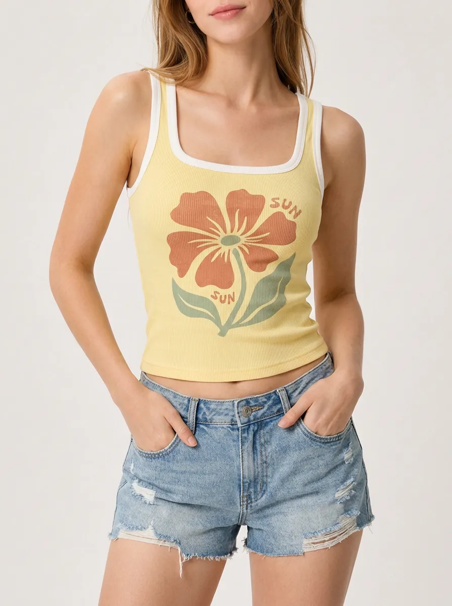 Women's Retro Floral Sun Graphic Printed Ribbed Tank Top