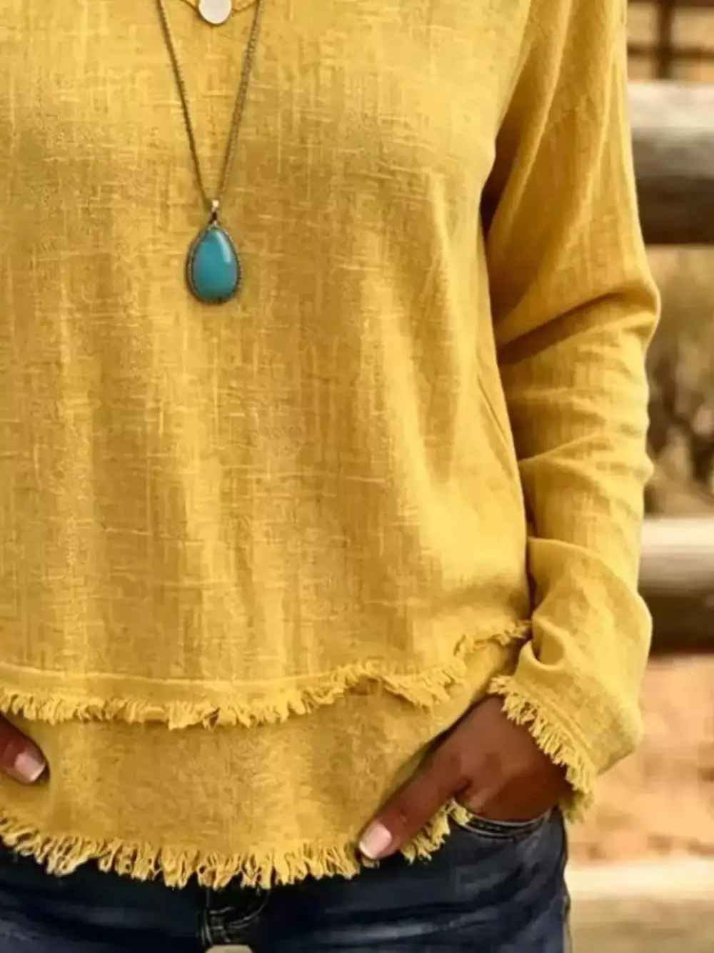 Long Sleeve V-Neck Frayed Hem Blouse
