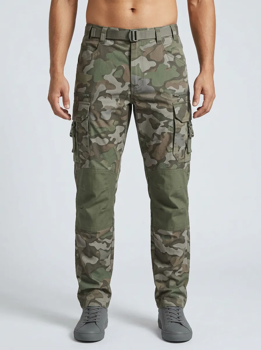 Men's Contrast-Knee Camo Zipper-Pocket Cargo Pants