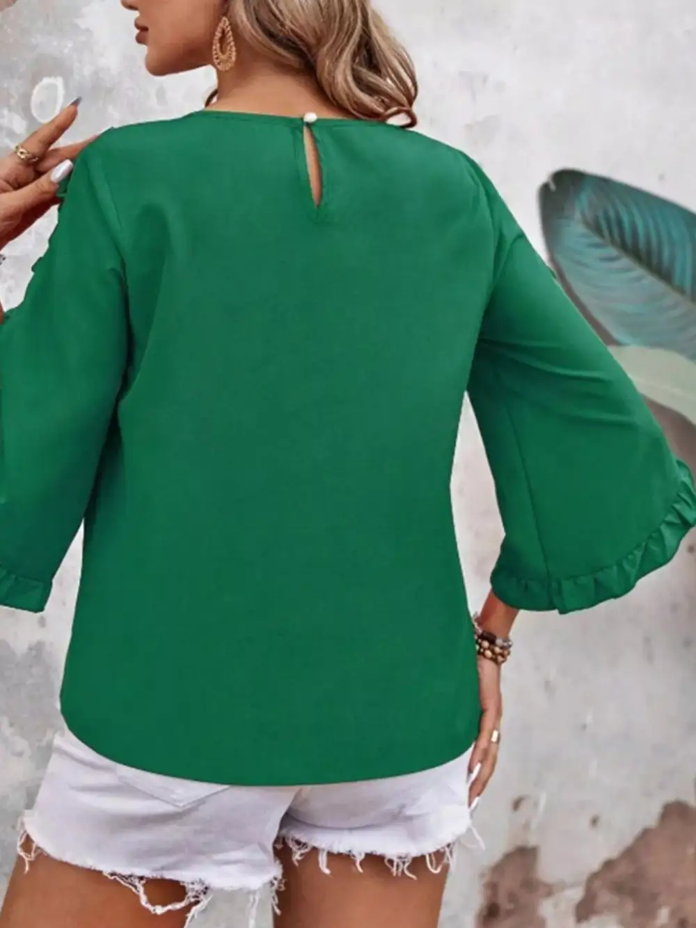 Ruffle Sleeve Solid Color Blouse