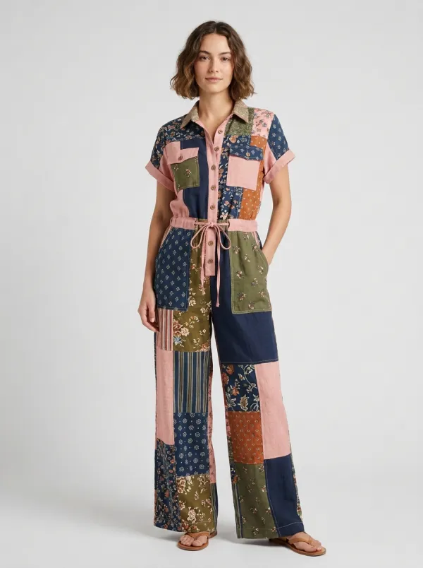 Women's Boho Floral Patchwork Graphic Jumpsuit