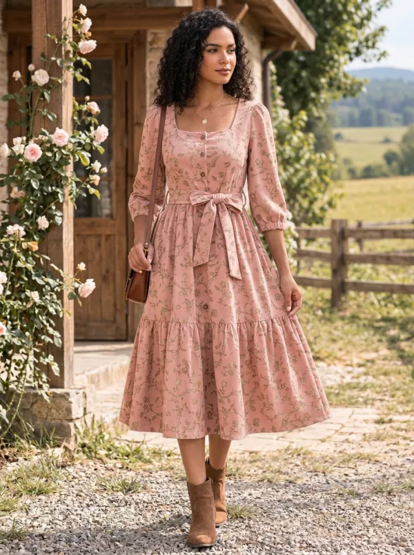 Women's Burgundy Floral Print Corduroy High-Waist 3/4 Sleeve Midi Dress