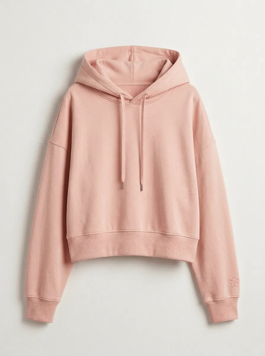 Women's Minimalist Flower Embroidered Solid Beige Hoodie