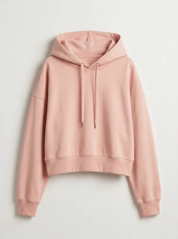 Women's Minimalist Flower Embroidered Solid Beige Hoodie