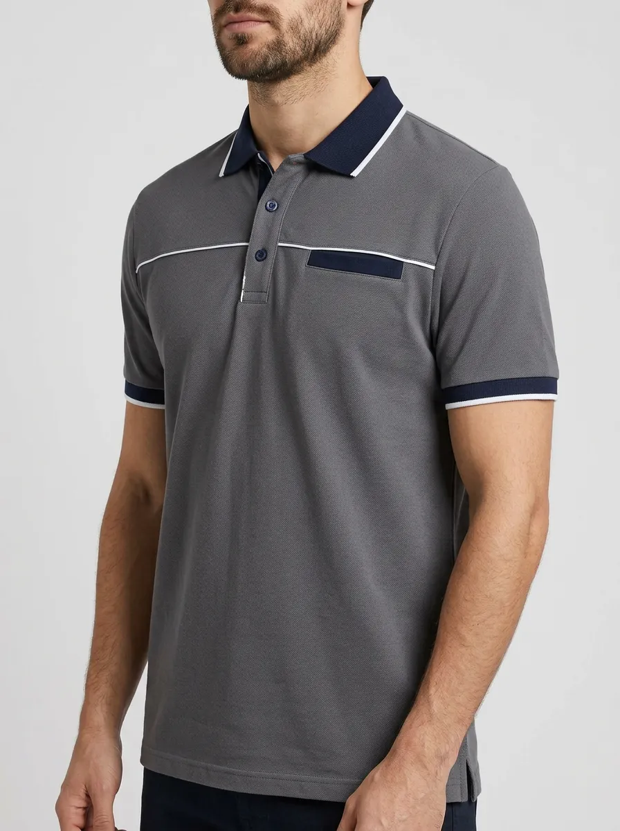 Men's Casual Contrast Trim Colorblock Printed Polo Shirt