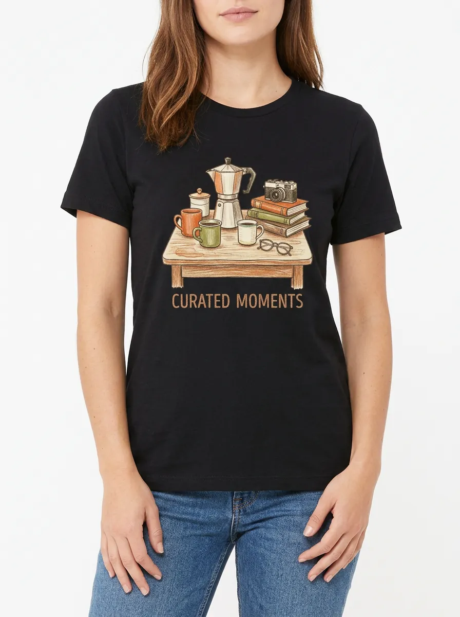 Women's Coffee Book Camera Lover Curated Moments Graphic T-Shirt