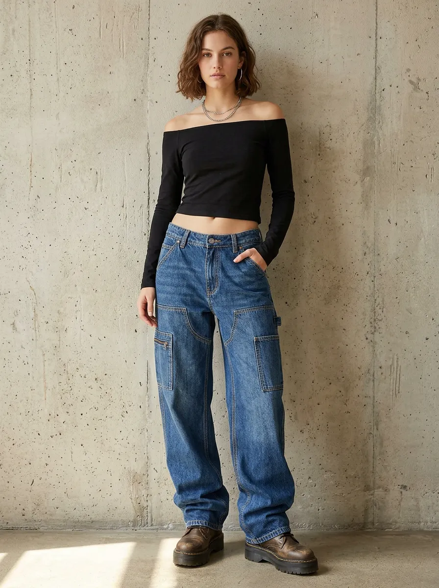 Women's Casual Streetwear Blue Denim Cargo Jeans