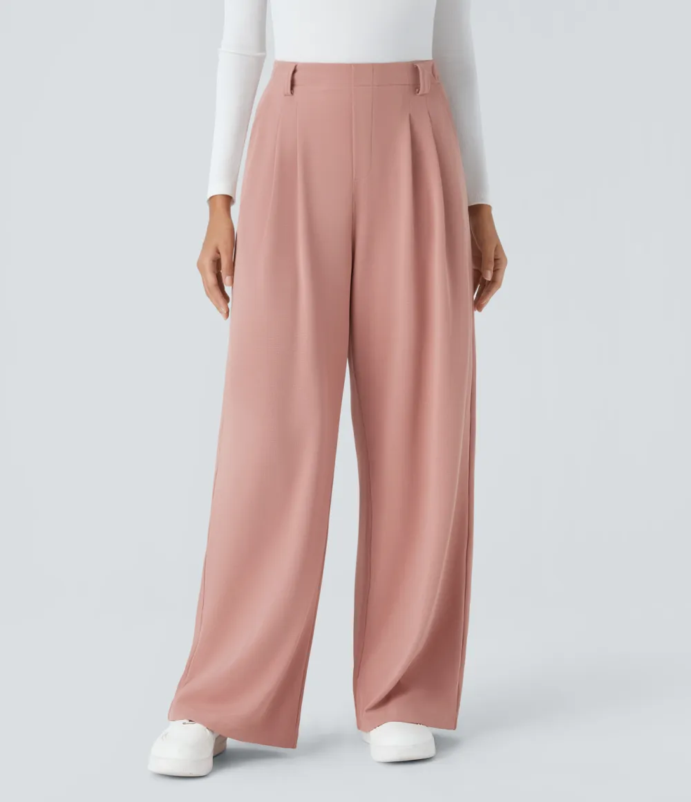  High Waisted Plicated Side Pocket Wide Leg Waffle Work Pants