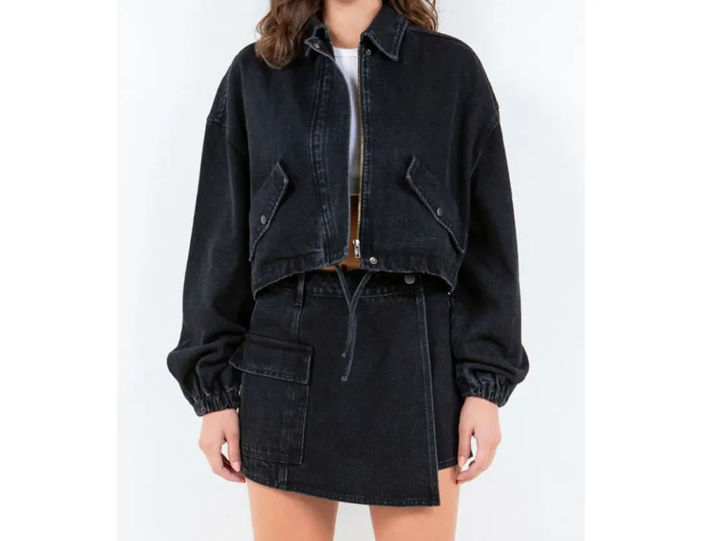 Drawstring Waist Crop Denim Jacket