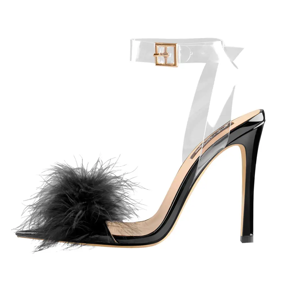Feather High Heel Clear Strap Stiletto Sandals