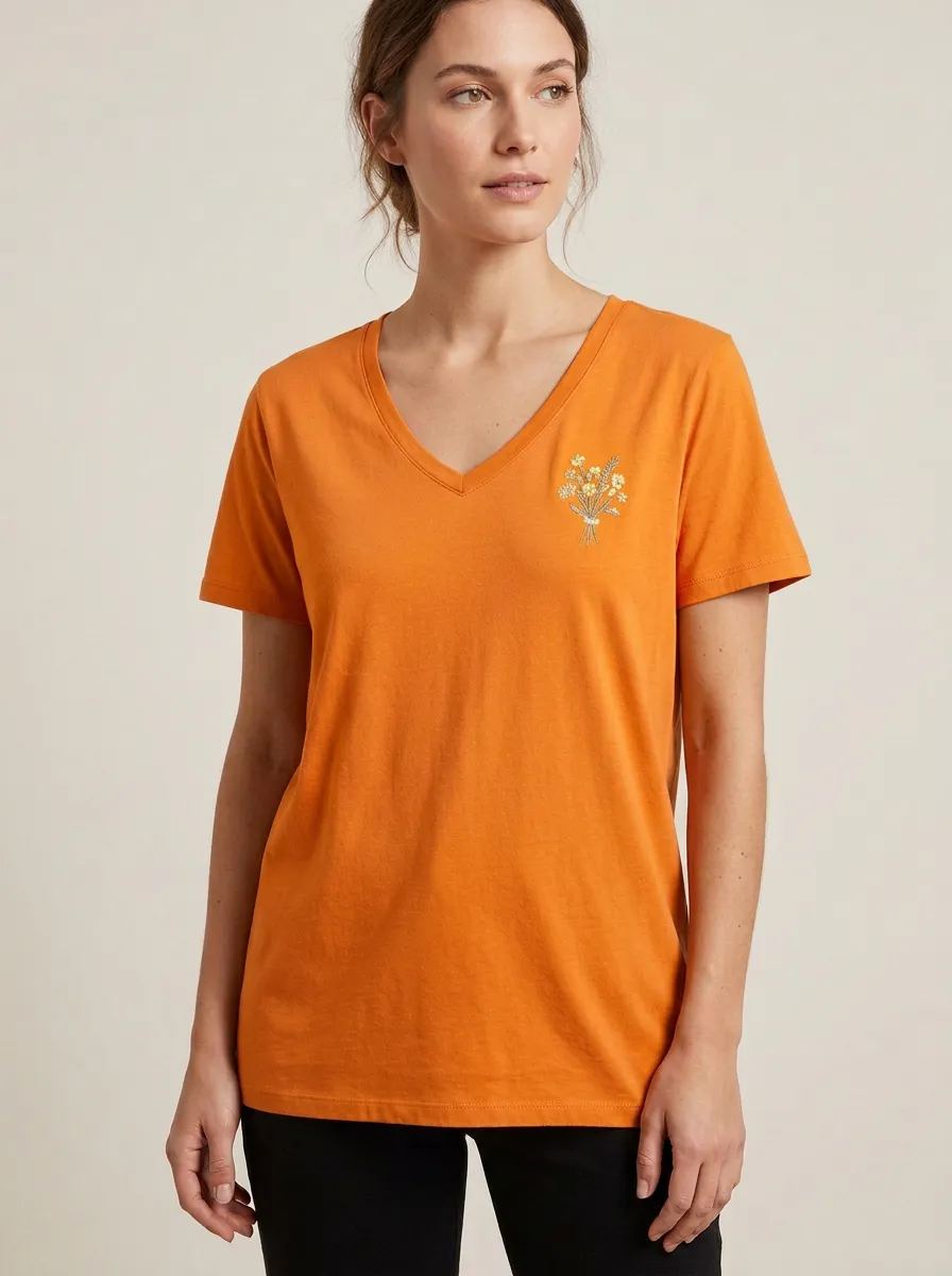 Women's Ribbed-Neck V-Neck T-Shirt
