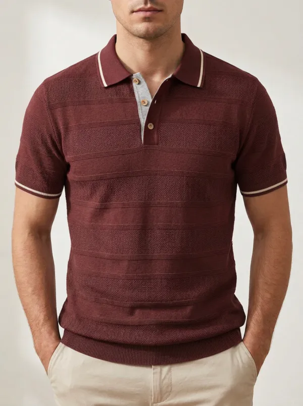 Men's Casual Vintage Green Textured Knit Polo Shirt