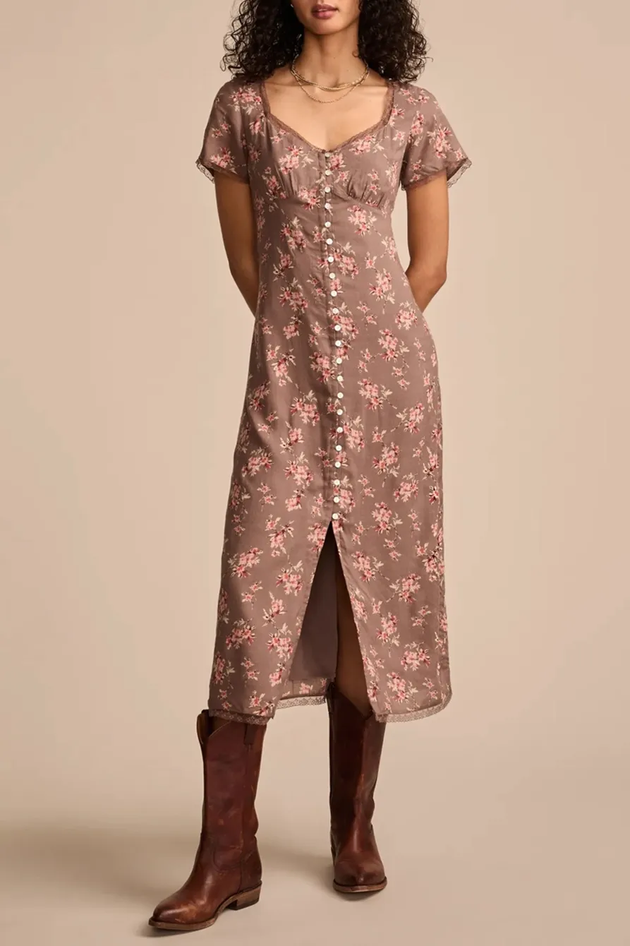 Floral Lace trimmed Short Sleeve Midi Dress