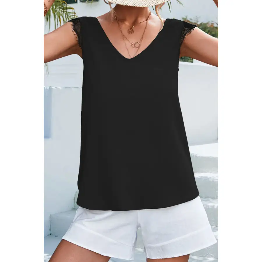 Lace Detail Eyelash Trim V Neck Tank