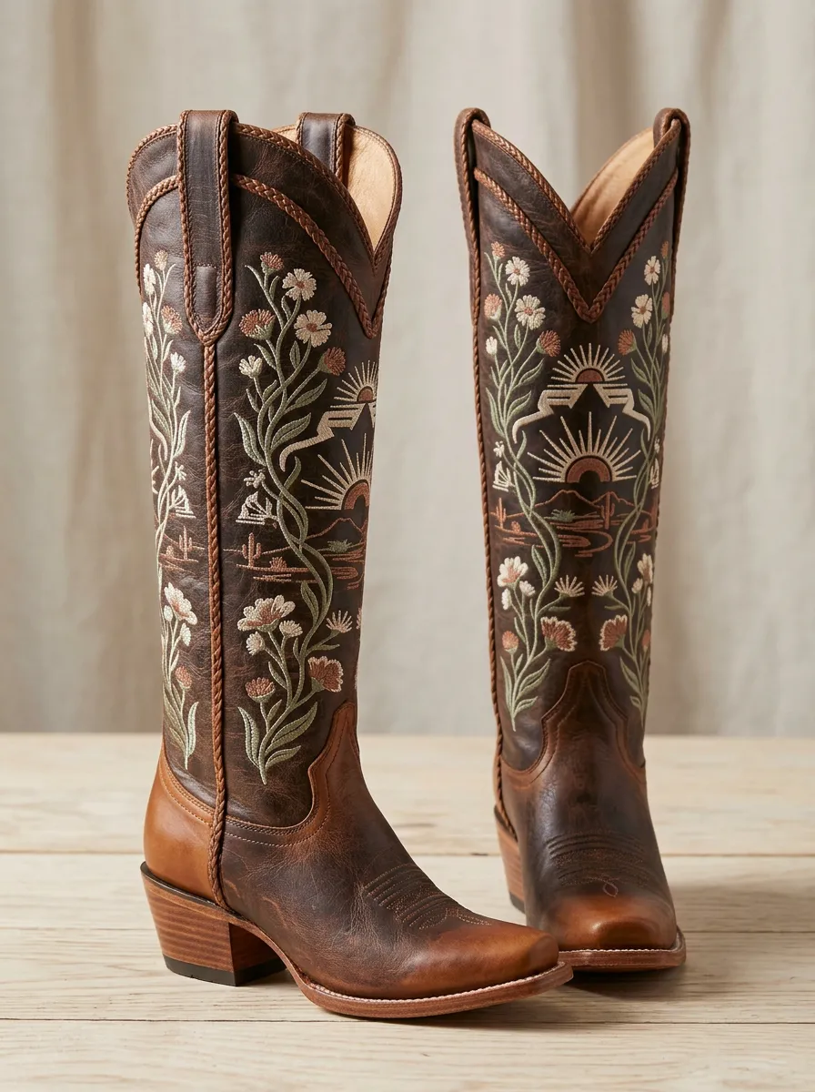 Men's Western Desert Floral Sun Embroidered Printed Cowboy Boots