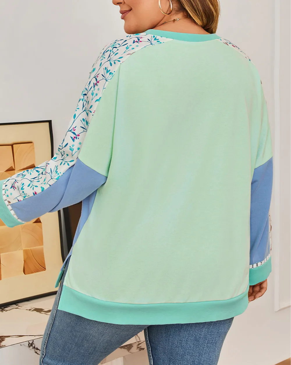 Women's Floral Print Colorblock Notched Neck Top