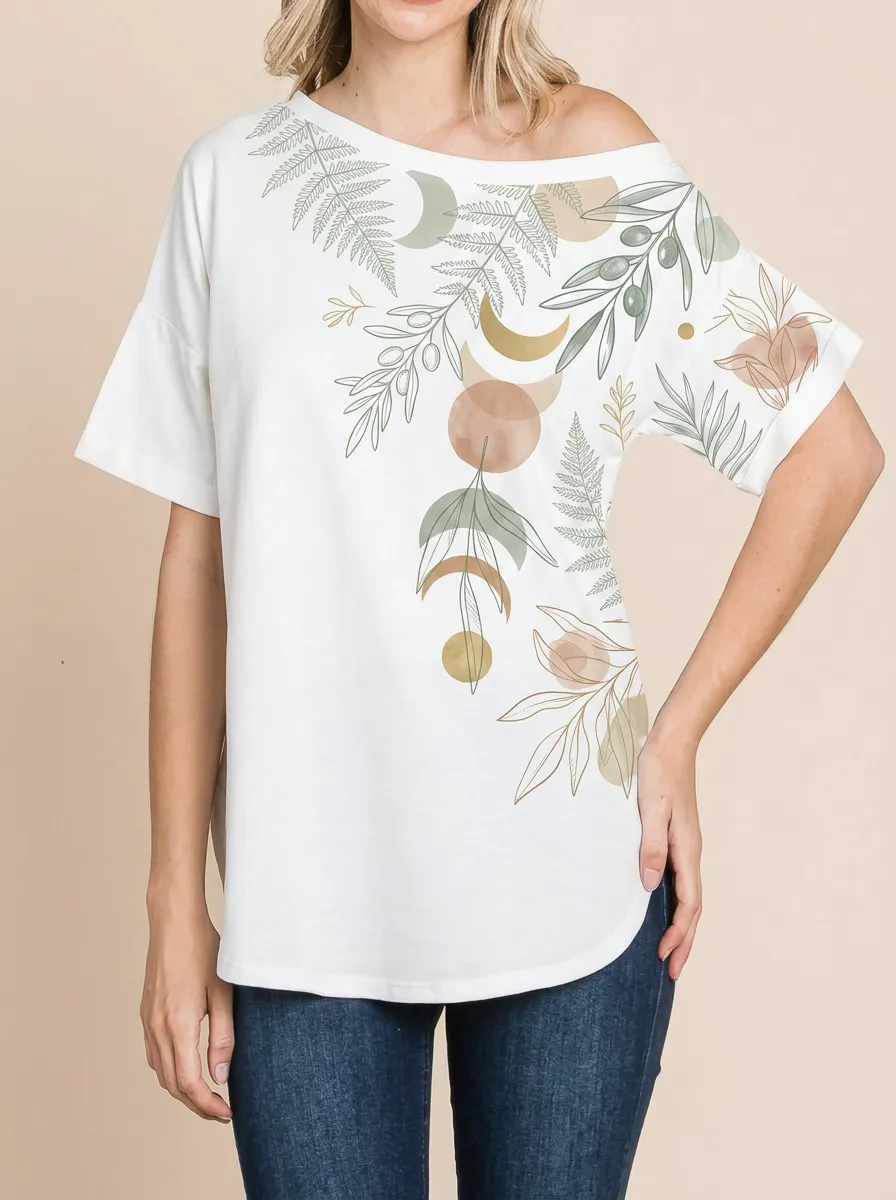Women's Boho Celestial Fern Printed Off-Shoulder T-shirt