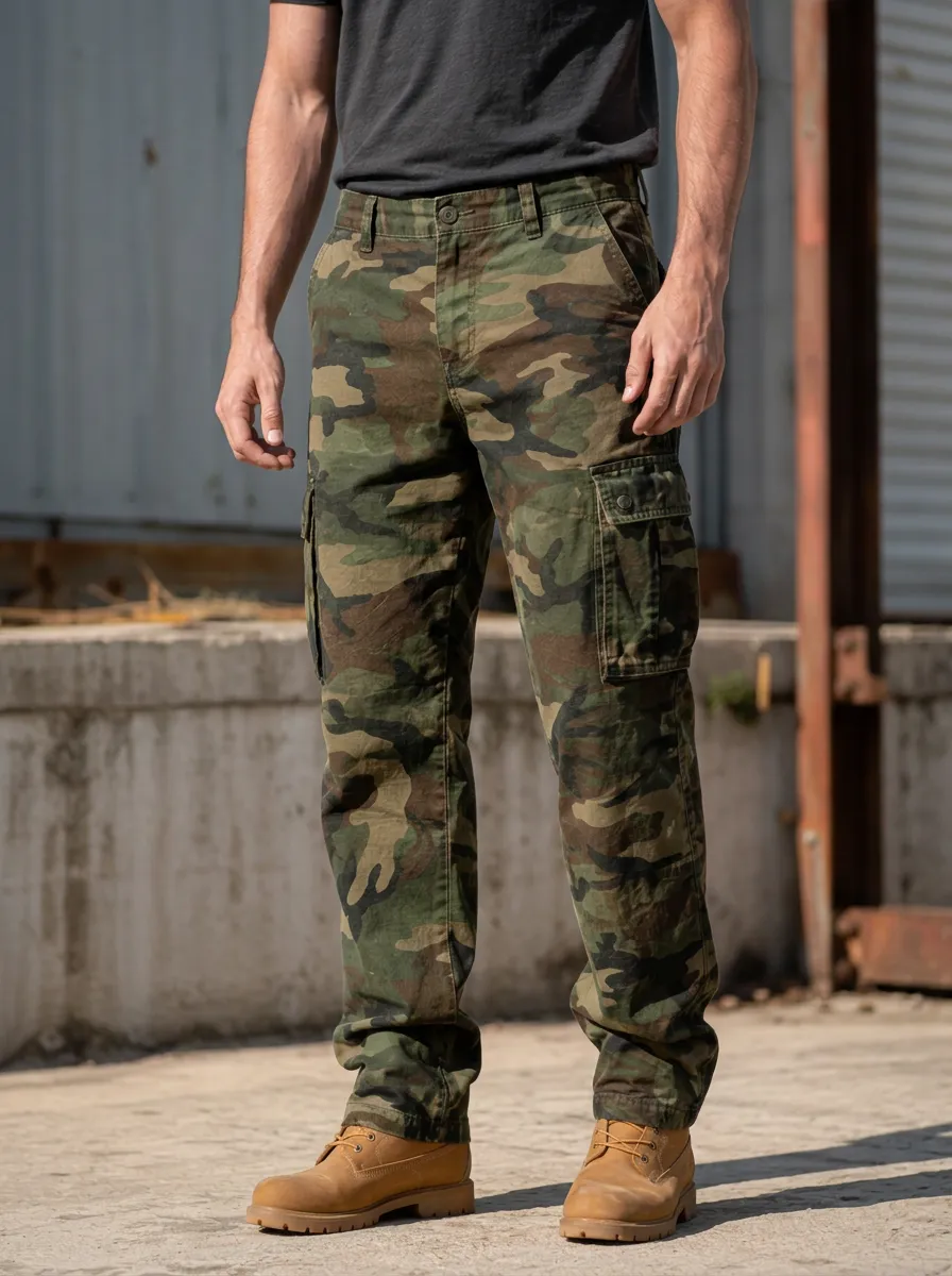 Men's Field Desert Camo Button-Flap Pocket Straight Leg Cargo Pants