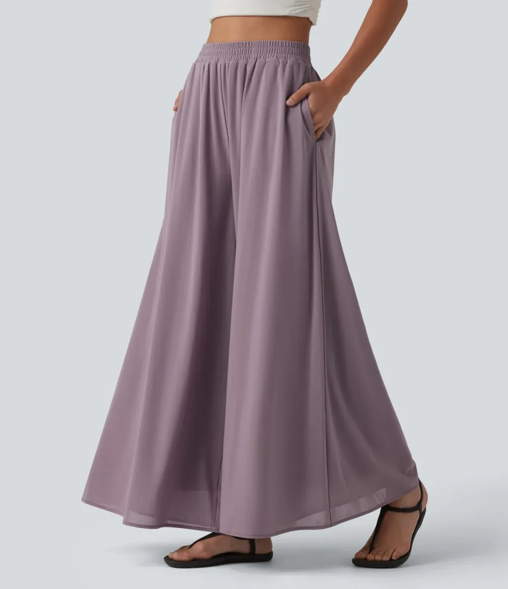 High Waisted Pocket Mesh Overlay Wide Leg Casual Pants