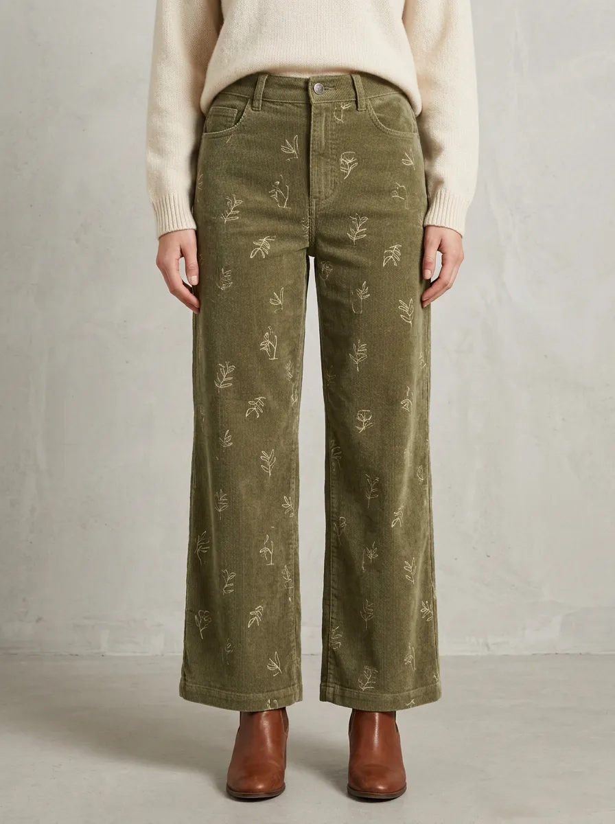 Women's Botanical Nature Lover Floral Line Art Printed Corduroy Pants