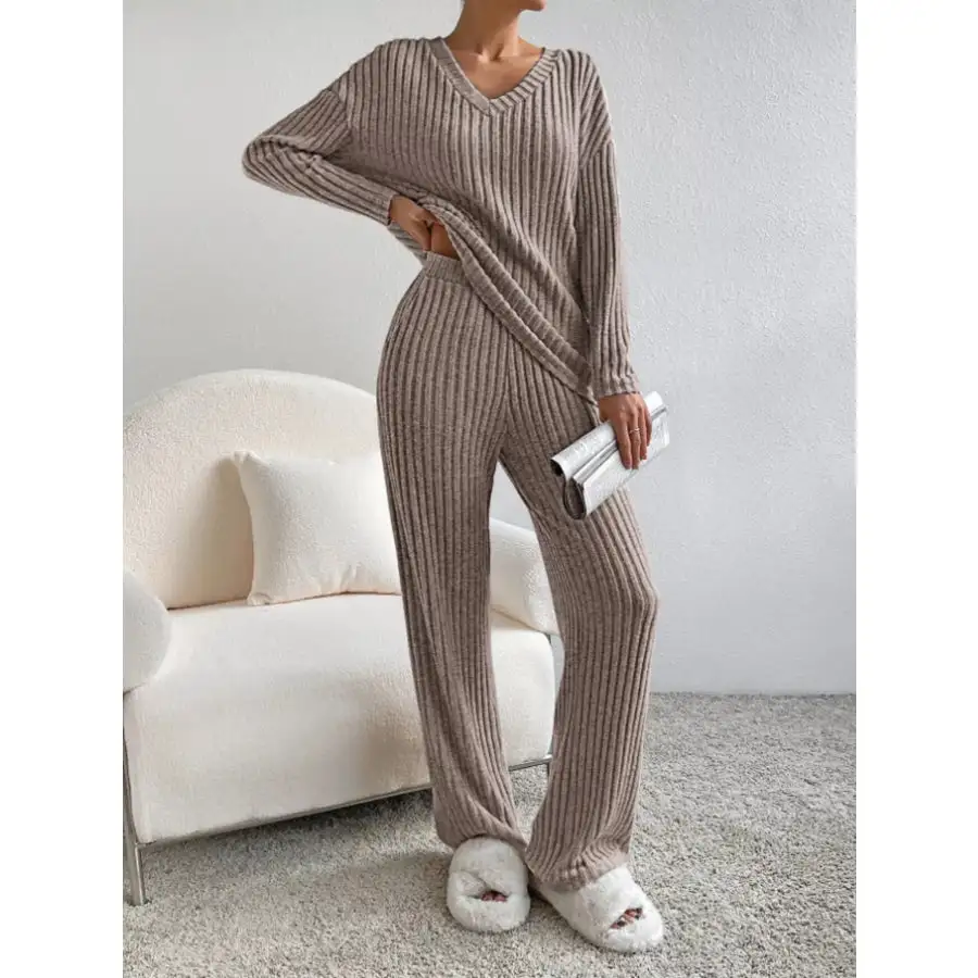 Classic Ribbed Knit Long Sleeve Top and Pants Set
