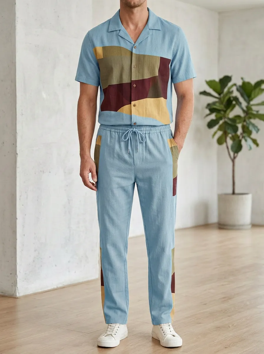 Men's Geometric Colorblock Printed Casual Lounge Set