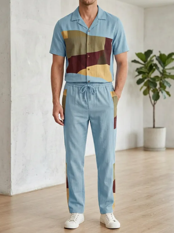 Men's Geometric Colorblock Printed Casual Lounge Set