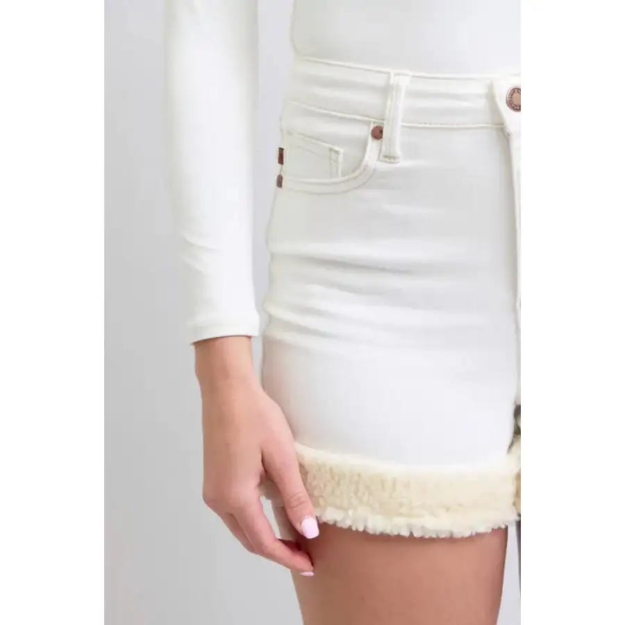Full Size High Waist Shearling Cuff Denim Shorts Plus