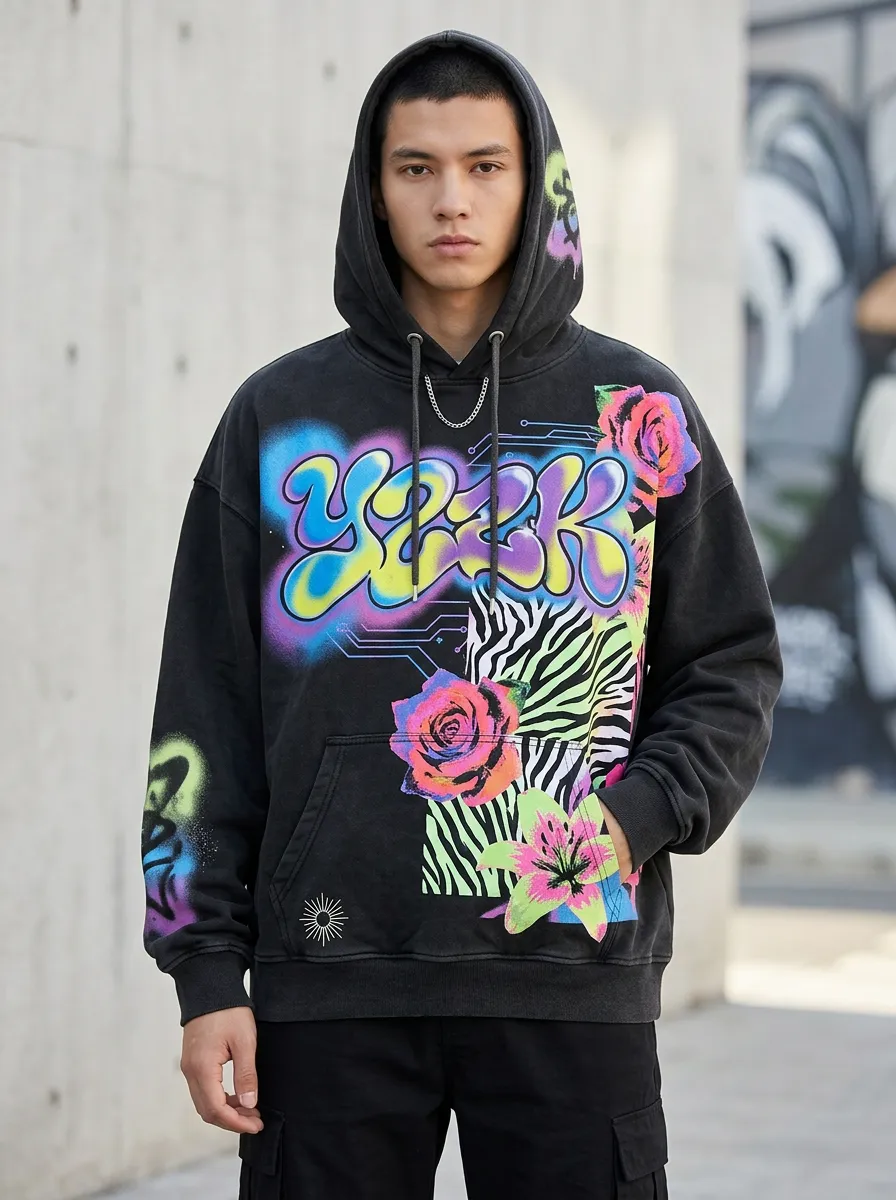 Unisex Streetwear Y2K Graffiti Rose Zebra Graphic Hoodie