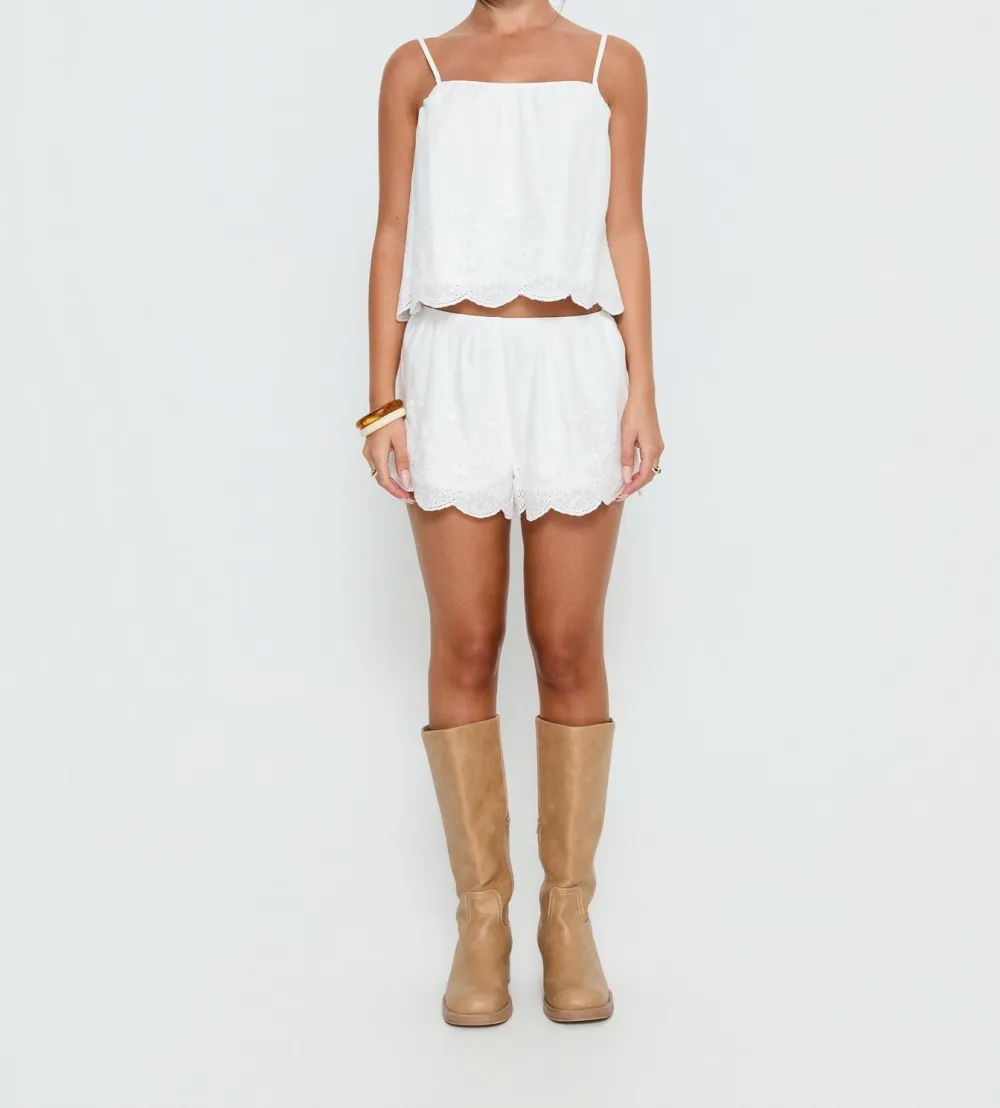 White Embroidered Scalloped Shorts